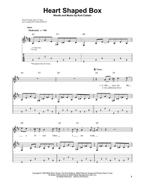 heart shaped box electric guitar chords|heart shaped box tablature.